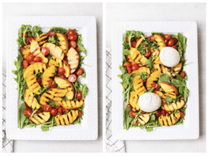 Layering the salad ingredients on a large platter.